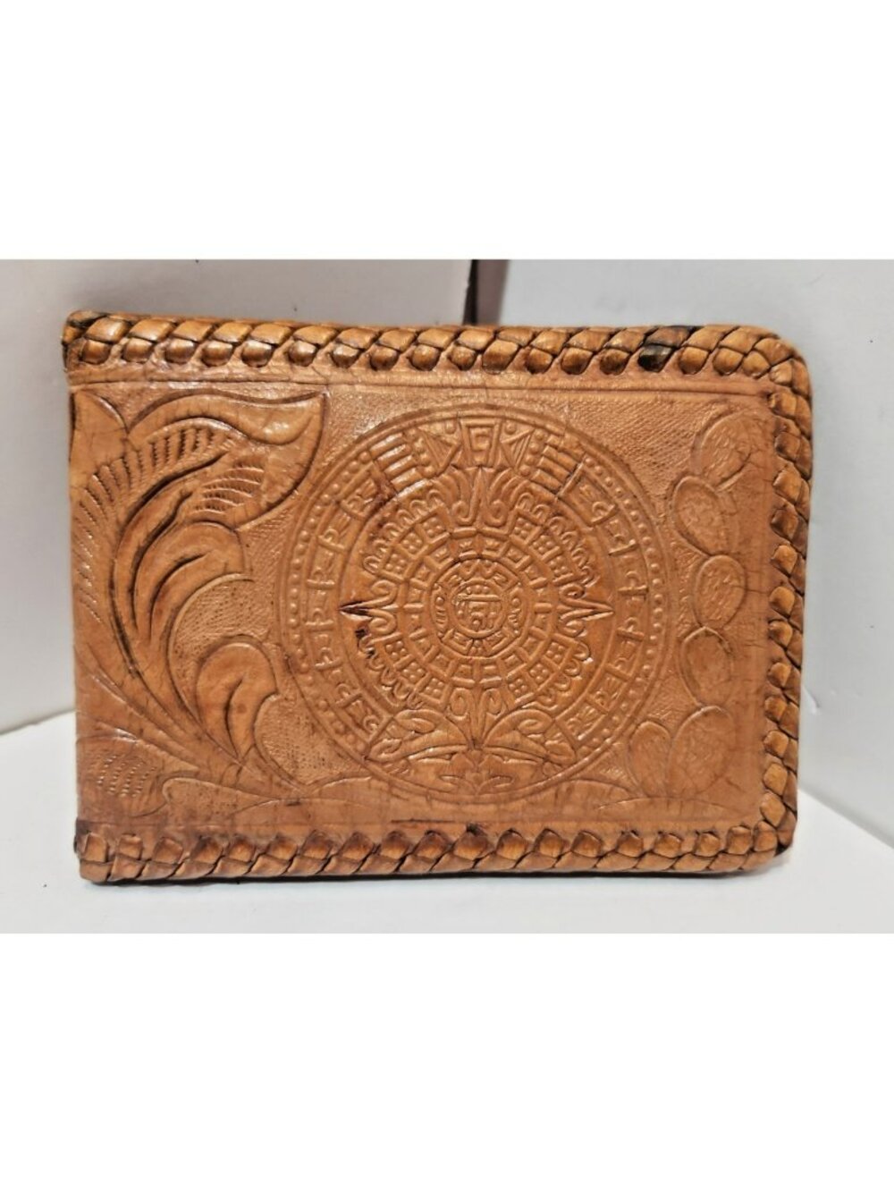 Wallet Bi Fold Hand Tooled Leather Embossed Aztec Stamped Mexico Brown